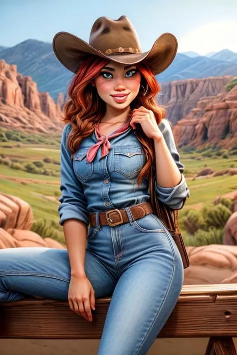 25yo girl handsome, courageous girl smiles sweetly seductively,
dressed in a North American cowboy costume, a cowboy hat, a neck...