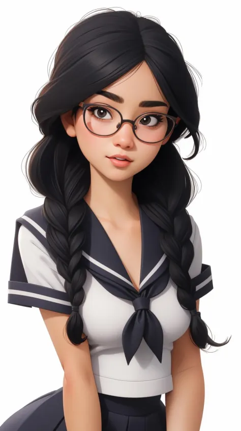 masterpiece, best quality,  1girl, black hair, braid, breasts, collarbone, glasses,  hair over shoulder, long hair, looking at viewer, sailor collar, school uniform, serafuku, simple background, solo, twin braids, upper body, white background, realistic,