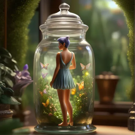 (glass jar, inside jar, beautiful pixie standing inside jar, (full body)), ((sexy, nswf, sheer dress)), looking at viewer, 8k, f...