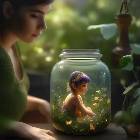 (glass jar, inside jar, beautiful pixie inside jar, (full body)), looking at viewer, 4k, fine detail, realistic, masterpiece, ko...