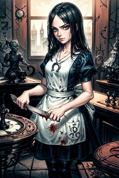 a woman in a maid outfit holding a knife in a room