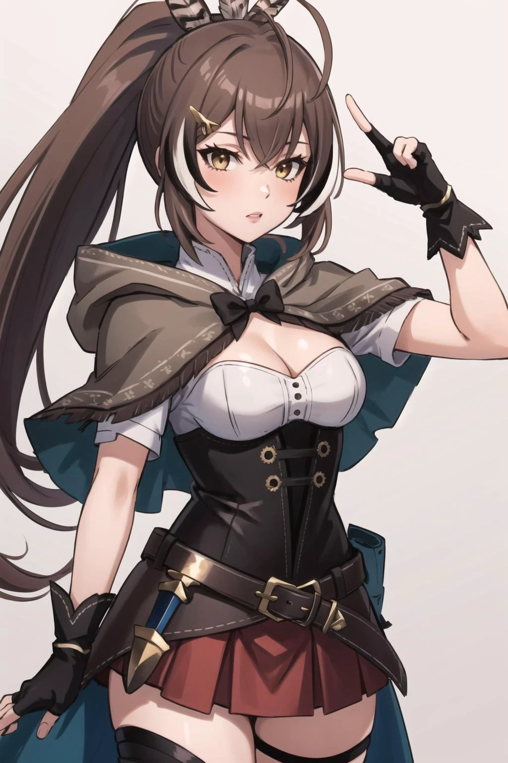 best quality, intricate details,


1girl,  nanashi mumei, shirt, corset, cleavage cutout, red skirt, single thighhigh, cloak, ribbon, ponytail, very long hair, hairclip, feathers, knife, belt, partially fingerless gloves,