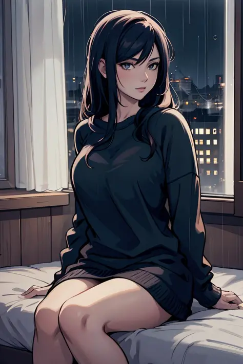 masterpiece, best quality, 8k, artstation, wallpaper, official art, splash art, sharp focus, beautiful woman, wearing comfy clothes. sitting by window, looking out window, at night. rainy night. ((in cozy bedroom)), (solo)