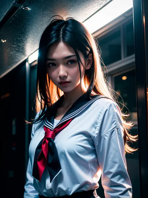 modelshoot style, (extremely detailed CG unity 8k wallpaper), close up portrait photo of the most beautiful artwork in the world, (sailor uniform, wet clothes), (messing hair, hair wet, shiny skin, wet body), (rainy:1.2), street, neon street light, profess...
