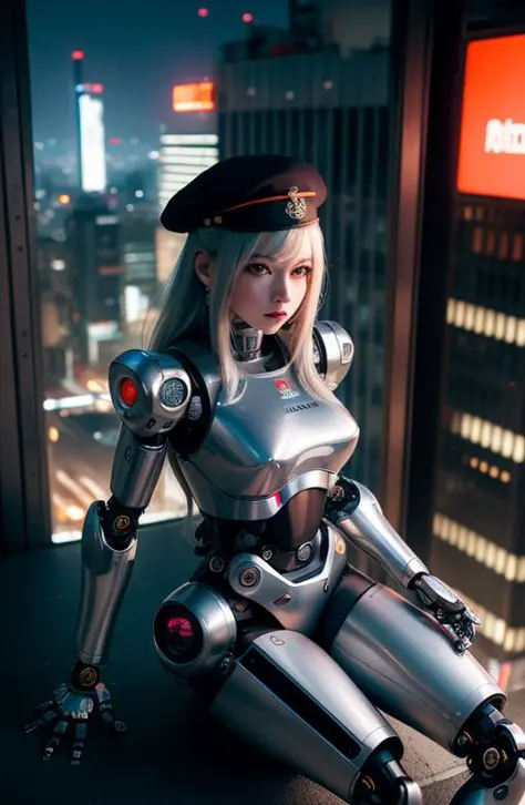 (masterpiece), best quality, detailed, looking at viewer, (robotic girl sitting:1.3), mechanical, (cyberpunk city in background)...