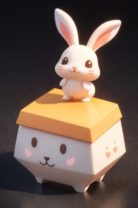 Delicate 3D PVC model of Tiny cute isometric bunny emoji, soft smooth lighting, with soft pastel colors, 3d icon clay render, 120mm lens, 3d blender render, trending on polycount, modular constructivism, Orange background, physically based rendering, cente...