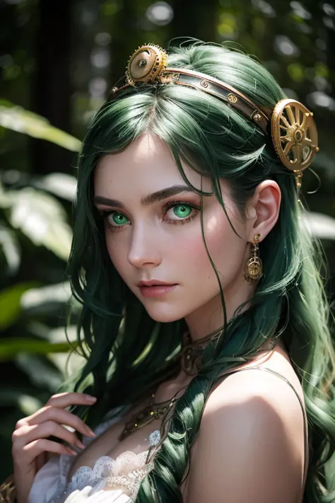 Capture an evocative close-up portrait of an (emotional:1.3) steampunk wiccan with intense ((intricate green eyes)) and messy wavy green hair, wearing a long white dress made of cotton, surrounded by leaves elementals, near to a river, in a magical forest,...