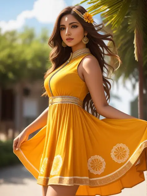 full-length photo Of A Beautiful Woman, Indian - Western Mixed Bodycon Dress, Vibrant, Depth of field, In Beautiful Dress, (( Natural Light)), (( Sunny Day )),(( Beautiful Clear Brown Eyes )), long Brown Hair, (( Unique Hair Ornament )), In Centre, (( Phot...