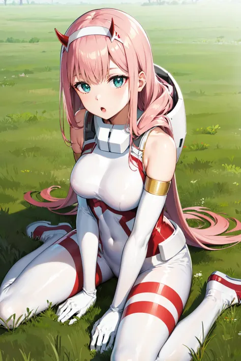 masterpiece, best quality, highres, cczero2, long hair, horns, hairband, white bodysuit, pilot suit, gloves, <lora:zero_two_(darling_in_the_franxx)_v1:0.7>, :o, wariza, field, grass