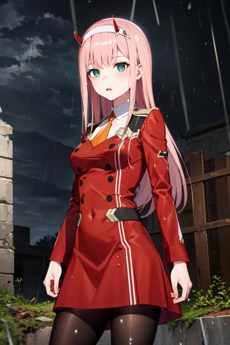 masterpiece, best quality, highres, aazero2, long hair, horns, hairband, military uniform, orange necktie, red dress, long sleeves, black pantyhose, <lora:zero_two_(darling_in_the_franxx)_v1:0.7>, ruins, night, standing, (rain:1.2), (wet:1.1), cowboy shot,