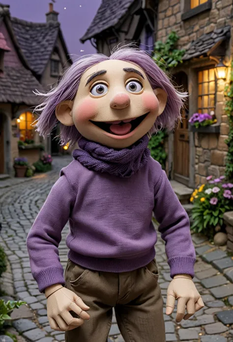 (medium full shot) of (mischievous puppet) wearing a purple sweater, solid color trousers, a scarf, expressive eyebrows, located in  a fairy-tale village, featuring quaint cottages, cobblestone streets, lush gardens, mythical characters , at night, ,Masterpiece,best quality, photo, realistic, very aesthetic,