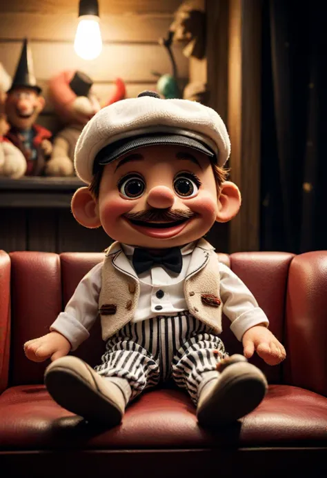 (medium full shot) of (expressive puppet) wearing a white tiny vest, striped trousers, a tiny hat, stitched smile, located in  a...