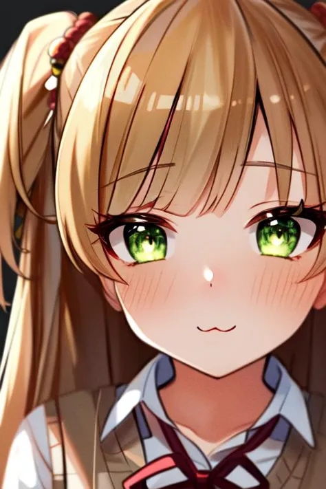 (masterpiece:1.5), illustration, 4k, 8k, (high quality:1.1), highly detailed, detailed face, HDR, vivid colors, ;3, uwu, extremely detailed eyes, cute face, bokeh, perfect lighting,  idolmaster, /RIKA JOUGASAKI/, 1girl, long hair, blonde hair, hair ornament, green eyes, green eyes, two side up, long hair, solo, green eyes, two side up, blush, bangs, red ribbon, short sleeves, white shirt, sweater vest, school uniform, hair ornament, neck ribbon, hair bobbles, close up