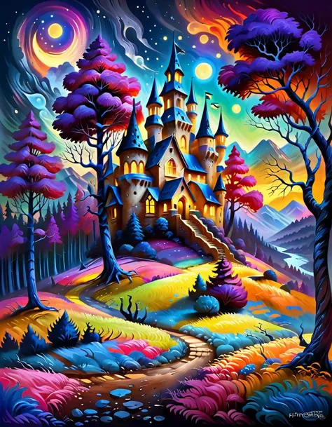 a painting of a castle in the middle of a forest