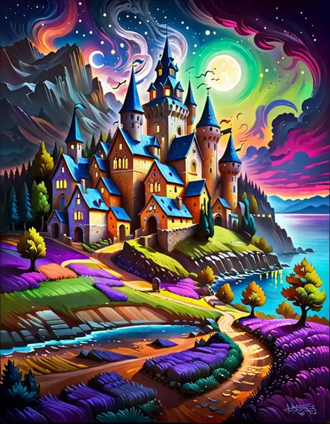 a painting of a castle with a river and mountains in the background