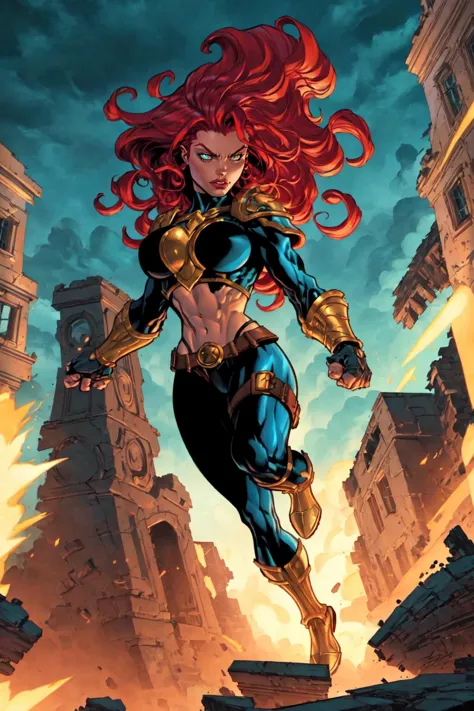 joe madureira style, masterpiece, intricate detail, best quality, 1glarge breasts, action pose, 8k, uhd, best quality, cartoon, armor, trending on artstation, vibrant colors, epic fantasy, comic style, red hair, ancient city, toned body, abs, outdoors, fantasy art, <lora:JoeMad_V3-08:0.8>