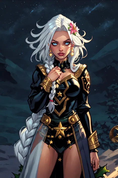 a woman with white hair and a black outfit standing in front of a night sky