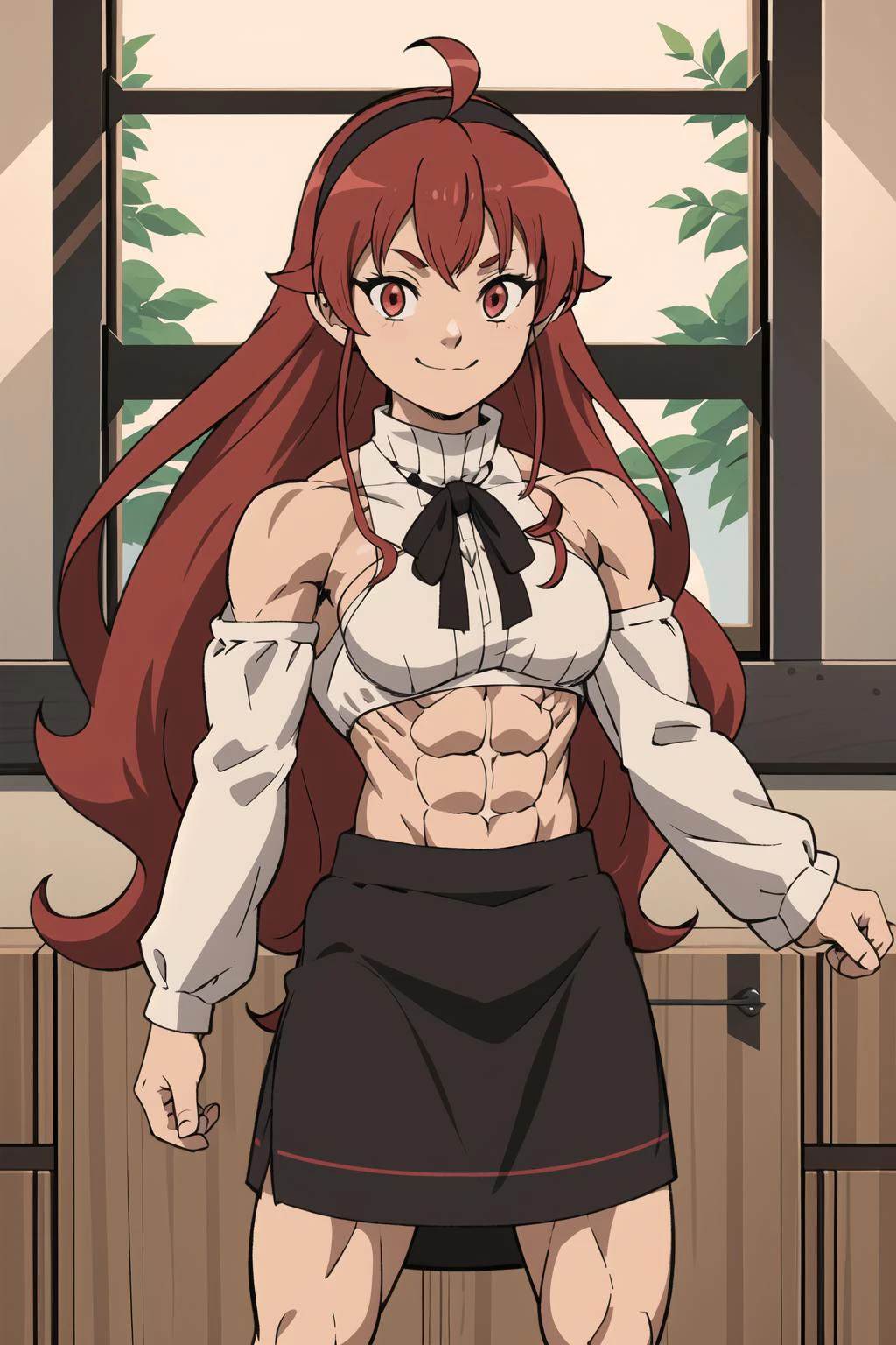 (toned body) abs(muscular:1.5)
best quality, (masterpiece:1.2), detailed,
eris boreas greyrat,
closed mouth, light smile,
long hair, red hair, ahoge, red eyes, black hairband,
white dress, bare shoulders, neck ribbon, black ribbon, brown skirt, long sleeves,
standing, looking at the viewer,
indoors, window 