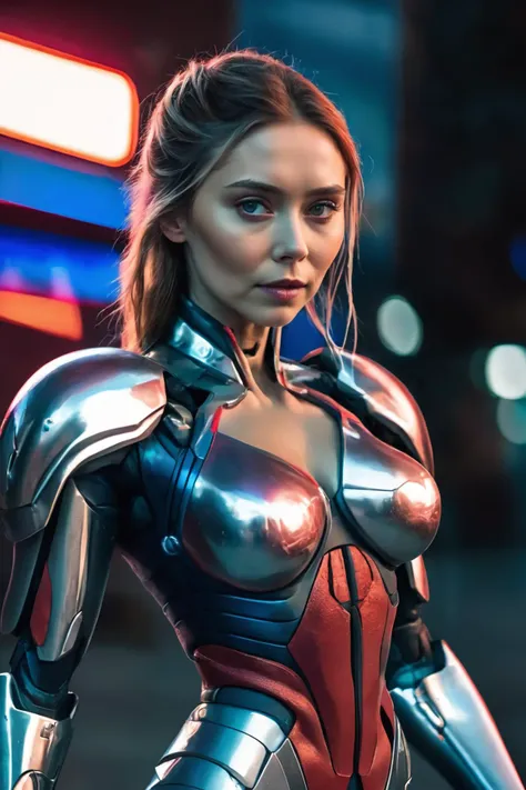 cinematic photo , ( elizabeth olsen as    cosplaying cyberpunk  superheroine captain britain)  with rusty and damage  cybernetic arm,   cyberpunk style,  dynamic posture ,    neon light, trending art, trending on artstation,   (SteelHeartQuiron character, Sorayama Style, chrome armor), 
 <lora:sd_xl_base_1.0_quiron_SteelHeart_V2_Lora:0.77>