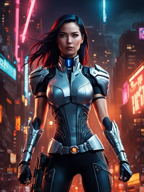 cinematic photo , ( Olivia Munn as    cyberpunk  phoenix  from xmen)  with rusty and damage  cybernetic arm,   cyberpunk style,  dynamic posture , a group of rebels fighting against a totalitarian government,     neon light,  night,  super detailed, 8k, high quality, trending art, trending on artstation,   (SteelHeartQuiron character, Sorayama Style, chrome armor), 
 <lora:sd_xl_base_1.0_quiron_SteelHeart_V2_Lora:0.77>