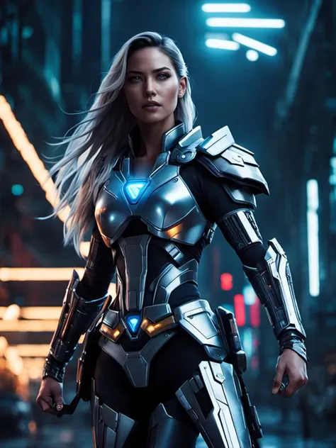 cinematic photo , ( olivia munn as    cyberpunk  lady thor)  with rusty and damage  cybernetic arm,   cyberpunk style,  dynamic ...