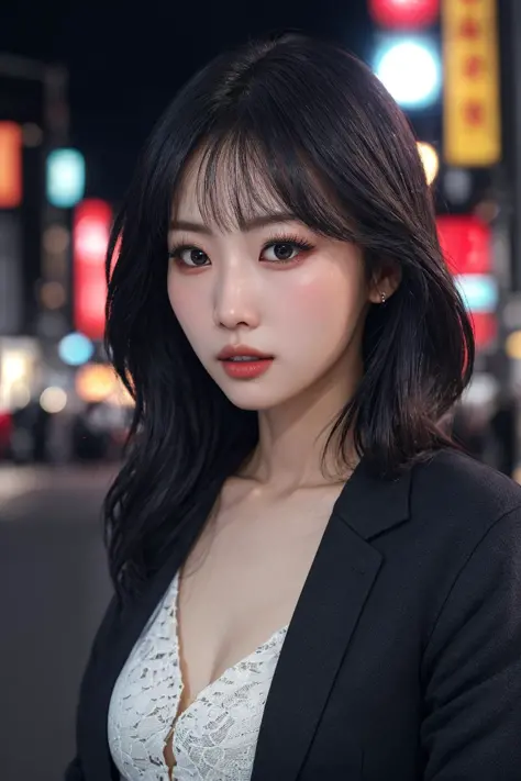 (ultra high quality, 8k render,) highres, absurdres, shot on iphone, leica, sony, dslr, studio lighting, finely detailed, insanely detailed, real life, movie lighting, trending on instagram, upper body portrait, night time, cityscape, streetview, tokyo, osaka, kabukicho, street signs, lights, lighting on skin, lighting on hair, looking at viewer, high quality depth of field, bokeh, unreal engine render, unity 8k render,  skintone,  pureerosface_v1,  <lora:momotwice_v1.0:0.6>, photo of momo, momo, twice, subject focus, center frame, white lace,