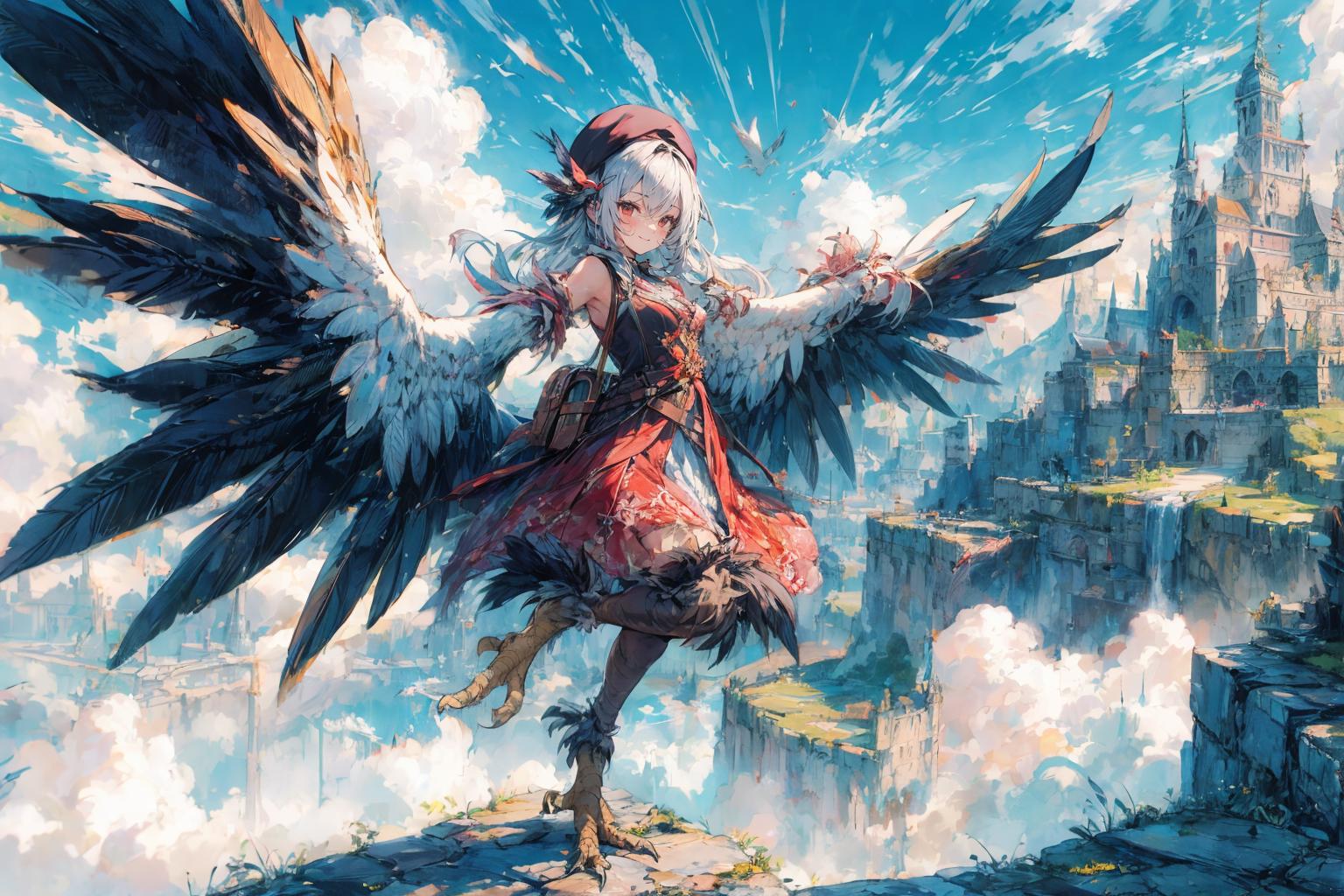 A painting of a woman with wings flying over a city - SeaArt AI