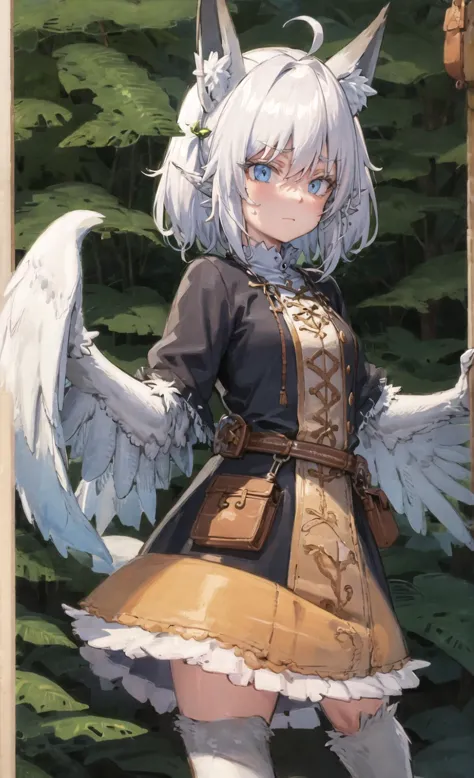 anime girl with white hair and wings standing in front of a forest