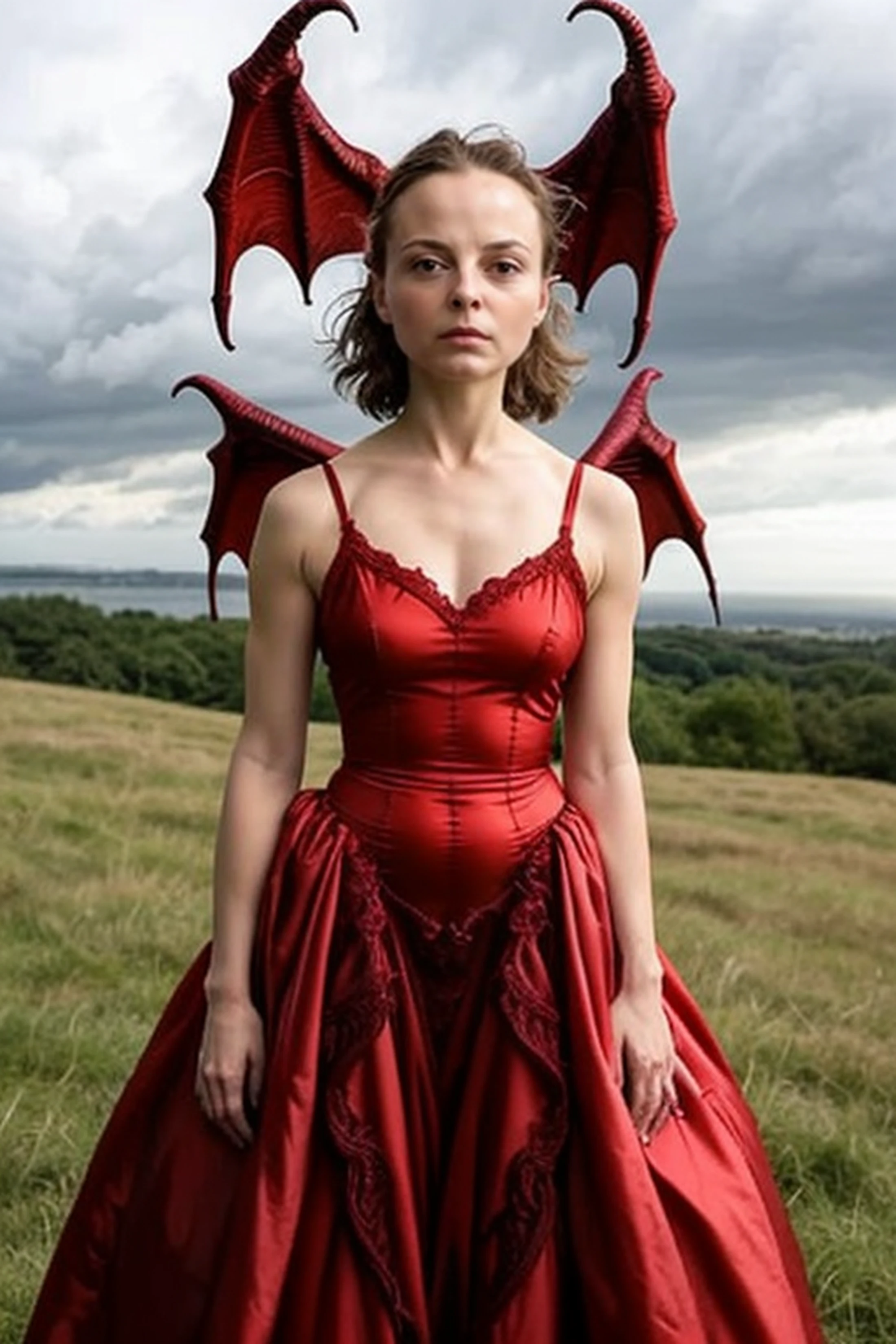 absurdres 超现实、精致的专业照片，20 岁的 AnastasiaPronina 身穿彩色迷你连衣裙, 单腿站在空旷的田野上，暴风雨从东边袭来,
d3m0ndr3ss, 长裙, 红色礼服, 恶魔之翼
