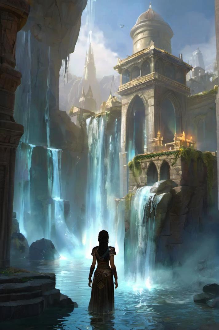 หญิงสาวใน Elder Scrolls: ชิมเมอร์ีน: เมืองลอยน้ำอาบไปด้วยแสงอันบริสุทธิ์, มีน้ำตกไหลลงมาตามหอคอยคริสตัล. พร้อมรายละเอียดมากมาย,