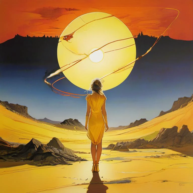 by Roger Dean and Ralph Steadman,  (romantic , yellow , masterful:1.4), poster art, bold lines, hyper detailed, expressive,  award winning,  (female:1.4), (intricate details, masterpiece, best quality:1.4),
Burnt Orange lighting gels , looking at viewer, dynamic pose, wide angle view,
