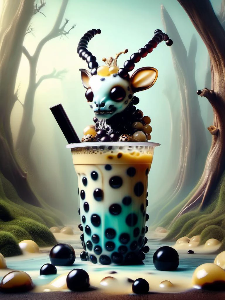 award winning photography of a cute bubble tea style wendigo with cannibalistic hunger in wonderland, magical, whimsical, fantasy art concept, steampunk, intricate details, best quality, masterpiece, ultra sharp, realism, hyper realistic tapioca balls