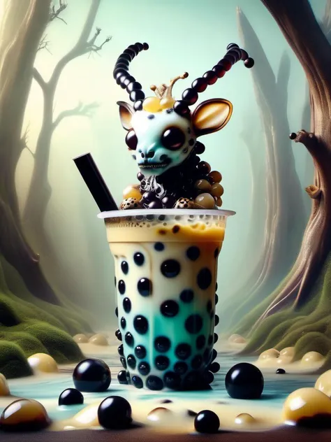 award winning photography of a cute bubble tea style wendigo with cannibalistic hunger in wonderland, magical, whimsical, fantas...