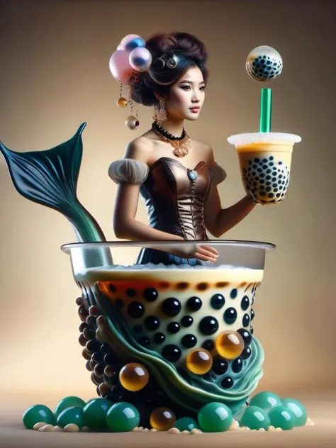 award winning photography of a cute bubble tea style mermaid with alluring song in wonderland, magical, whimsical, fantasy art c...