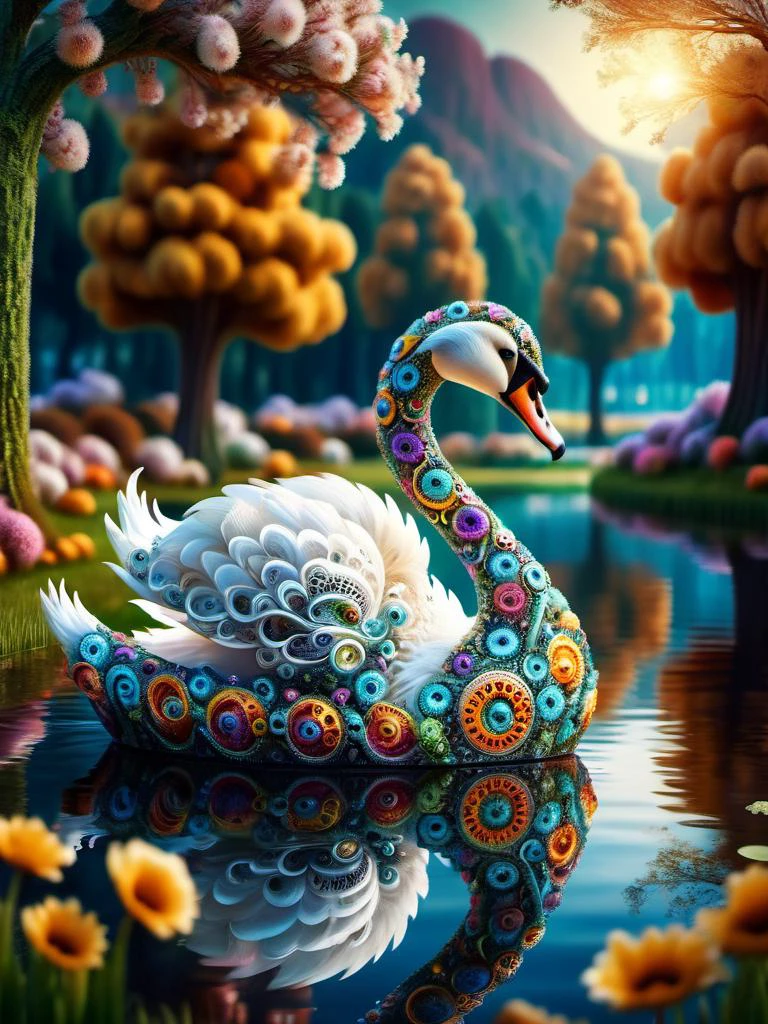 award winning photography of a cute swan with graceful elegance made of ral-mndlbrt in wonderland, magical, whimsical, fantasy art concept, steampunk, intricate details, best quality, masterpiece, ultra sharp, realism, hyper realistic 