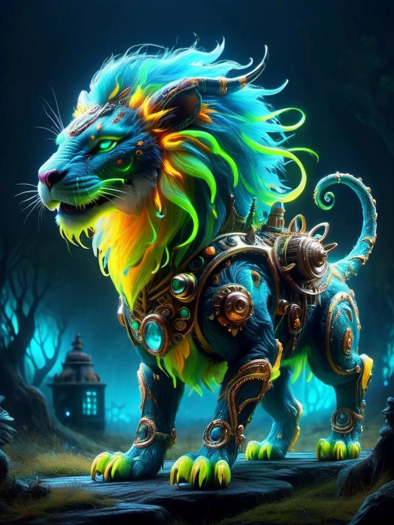 cute ais-nnsplsh chimera with fearsome roar in wonderland, magical, whimsical, fantasy art concept, steampunk, intricate details, best quality, masterpiece, ultra sharp, realism 