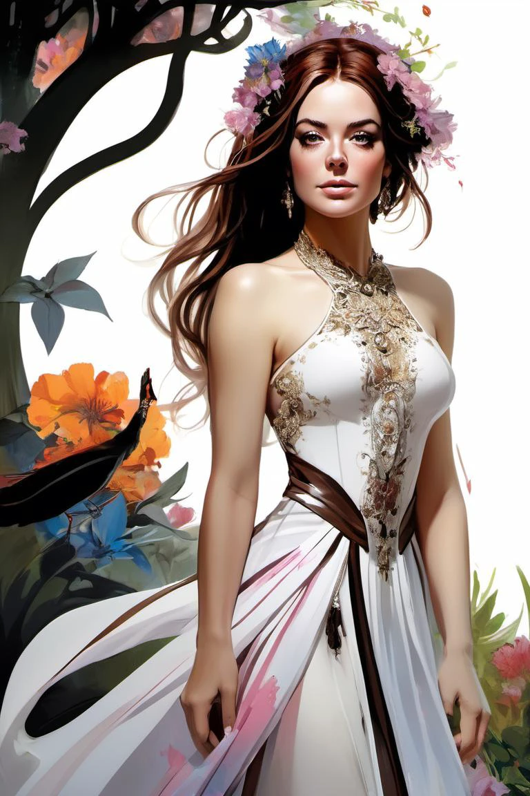 line art drawing  fantasy concept art (lindsay lohan)   slender ancient Barbadian model  wearing gown with chocolate shag in  Mystical Garden: A garden blooming with exotic flowers and strange fruits, granting wishes and whispering prophecies. ï¼ art by Agnes Cecile,  art by John Berkey, BREAK , symmetrical face, complex, elegant, illustration,zoom out,  frank frazetta,vector graphics