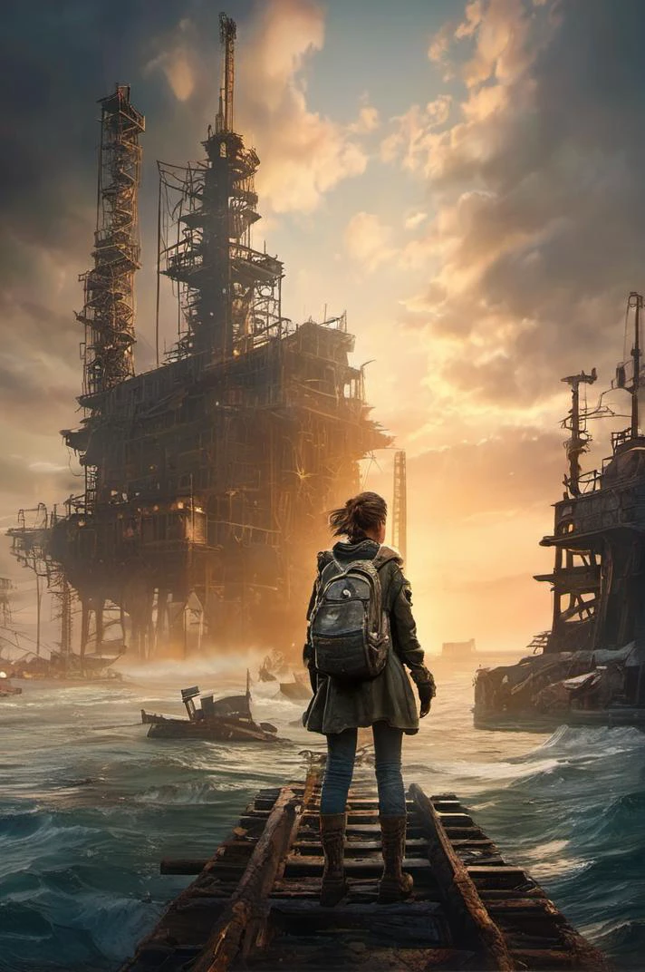 grand and complex fantasy scene of Canadian  girl  in  Metro Exodus: Caspian Sea Ruins: A decaying oil rig platform transformed into a makeshift city, surrounded by the vast and dangerous Caspian Sea. with many epic details,