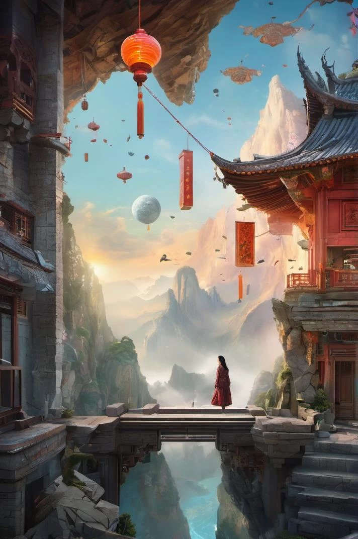 großartige und komplexe Fantasieszene eines chinesischen Mädchens in Fractured Reality: Eine Landschaft, in der die Gesetze der Physik gebrochen werden, wo Objekte der Schwerkraft trotzen und der Raum sich in sich selbst faltet. mit vielen epischen Details,