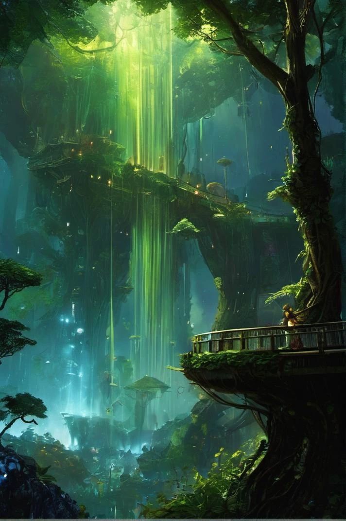 grand and complex fantasy scene of  fierce  girl   in  The Treetop City of the Na'vi in "Avatar" (2009): Bioluminescent plants illuminate intricate aerial structures woven into the branches of giant trees, creating a breathtaking fusion of nature and technology. with many details