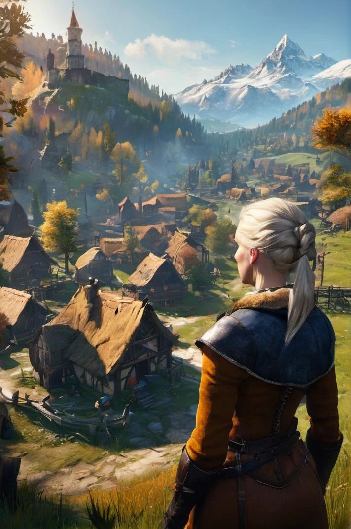 grand and complex fantasy scene of  fierce  girl   in  Witcher 3: Wild Hunt: White Orchard: A picturesque village nestled amidst meadows and forests, filled with folklore and mythical creatures. with many details