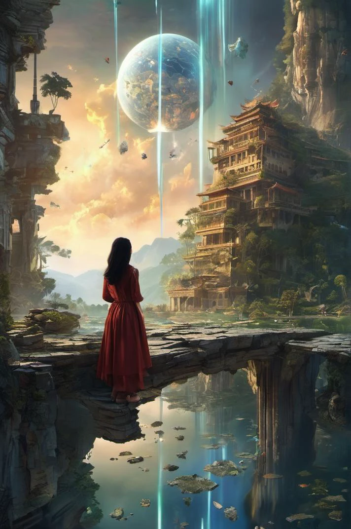 grand and complex fantasy scene of Malaysian  girl  in  Fractured Reality: A landscape where the laws of physics are broken, where objects defy gravity and space folds in on itself. with many epic details,