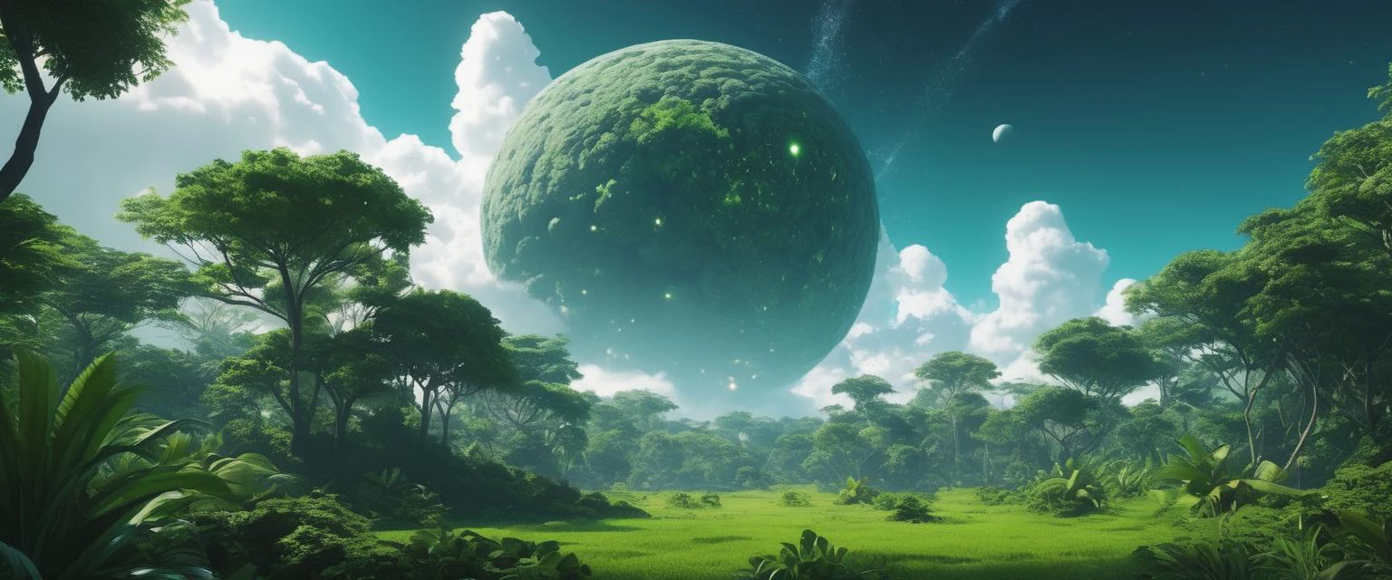 tropical island, and Jungle , , Verdant and Peaceful Meadow,                                                                        one big cloud, and slightly cloudy,,   in the sky is asteroid belts and pulsar ,  
anime, cartoon, octane render,