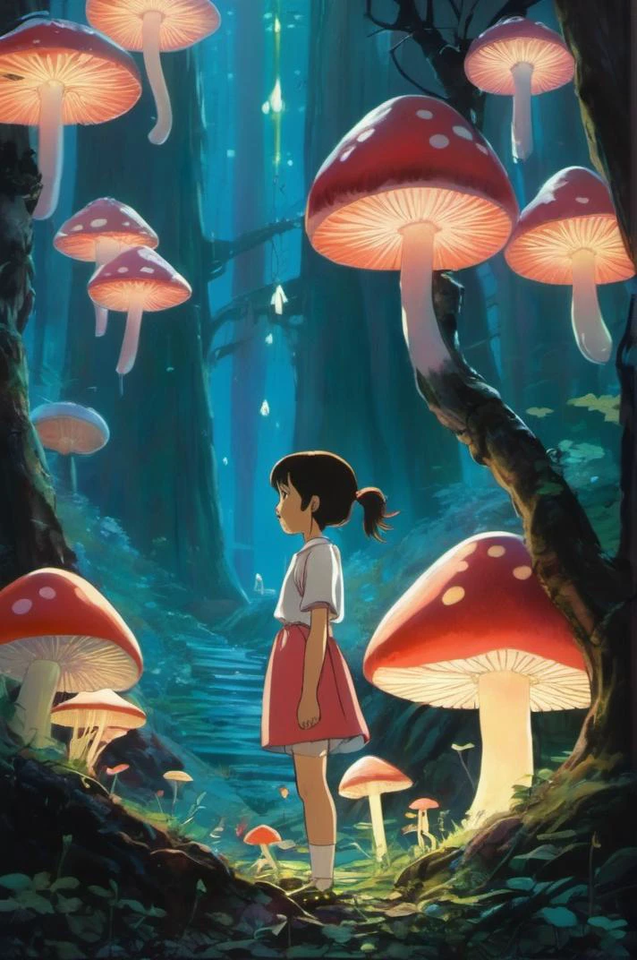 빛나는 버섯 숲에 등장하는 우아한 소녀의 웅장하고 복잡한 판타지 장면 "씩씩 거리" (2001): 이상하고 빛나는 곰팡이가 숲 바닥을 으스스하면서도 환상적인 빛으로 물들입니다., 치히로의 영혼 세계 여행을 안내합니다.. 많은 세부 사항으로