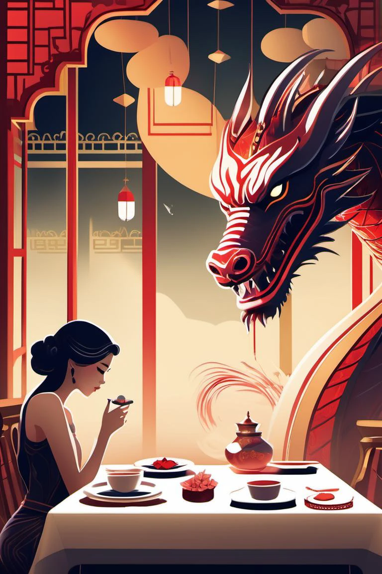 line art drawing ethereal fantasy concept art of wide angle photo presenting a  girl eating alone at a table for two, a sad woman in elegant dress, sad face, running makeup, crying tears, alone, feeling alone, (looking down at his plate:1.2) , tear drop on cheek, at a luxurious chinese restaurant table, eating pasta, (chinese dragon decoration:1.1) in the background, valentine's day, love style, loving couple, love story, mist, darker, dark, obscurity, romance, perfect hands and fingers, photo realistic (((masterpiece))), (((best quality))), ((ultra-detailed)), (cinematic lighting), (ultra highres:1),wallpaper,(photo realistic style:1.2), detailed skin,  (realistic, photo realistic:1.4), detailed eyes, detailed face, . magnificent, celestial, ethereal, painterly, epic, majestic, magical, fantasy art, cover art, dreamy . professional, sleek, modern, minimalist, graphic, line art, vector graphics