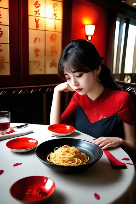 wide angle photo presenting a lonely girl eating alone at a table for two, a sad woman in elegant dress, sad face, running makeu...