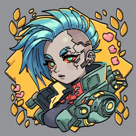 a cartoon drawing of a girl with blue hair and a gun