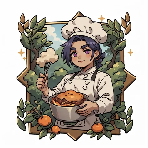 a cartoon image of a woman in a chef's hat holding a pot of food