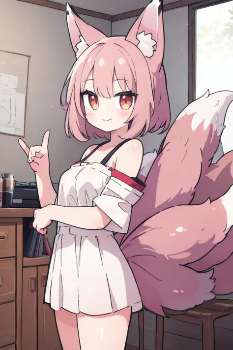 anime girl with pink hair and a white dress holding a pink fox