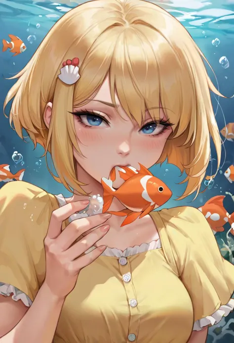 score_9, score_8_up, score_7_up, BREAK  ict style, 1girl, yellow dress, eating, hair ornament, bubble, blush, orange fish, blonde hair, blue eyes, looking at viewer, dress, short hair, underwater,